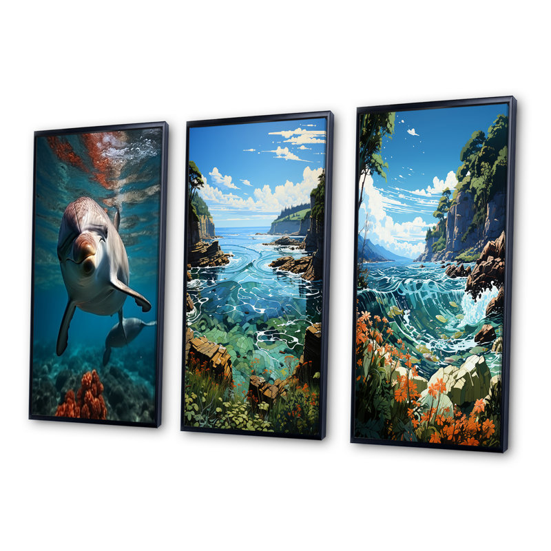 «Dolphin Serene Swim», 3 pièces sur toile, Cadre noir, H 20 po x l 36 po