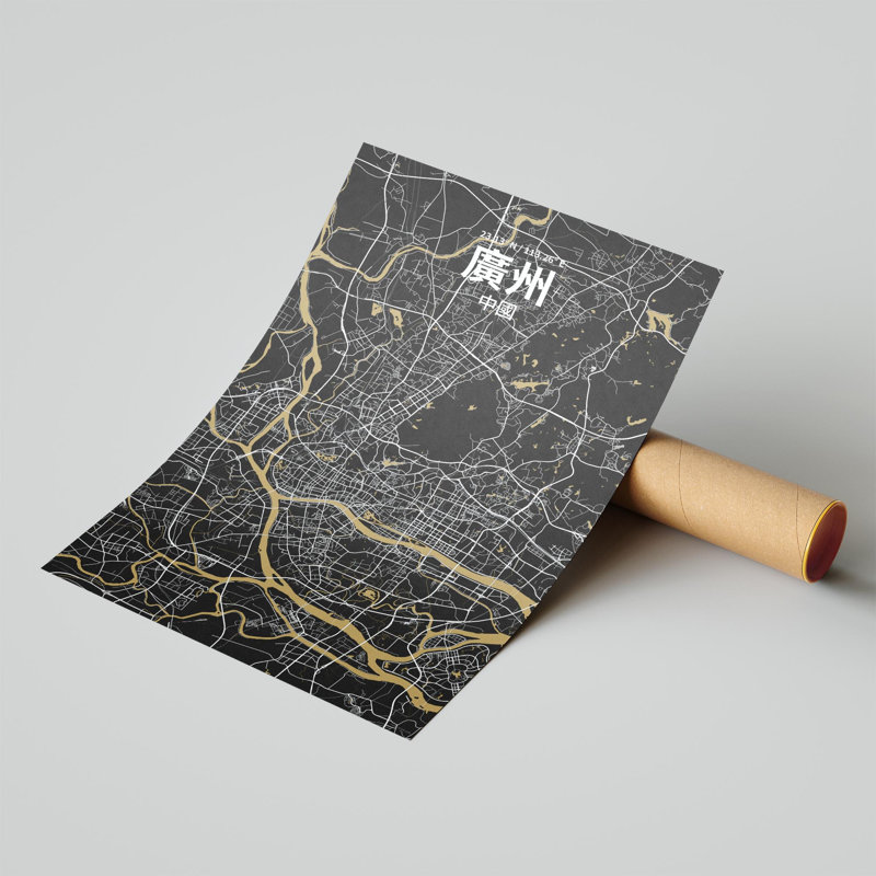 Impression sur carte de la ville de Canton (chinois traditionnel), H 17 po x l 11 po x P 0,05 po, Noir et or