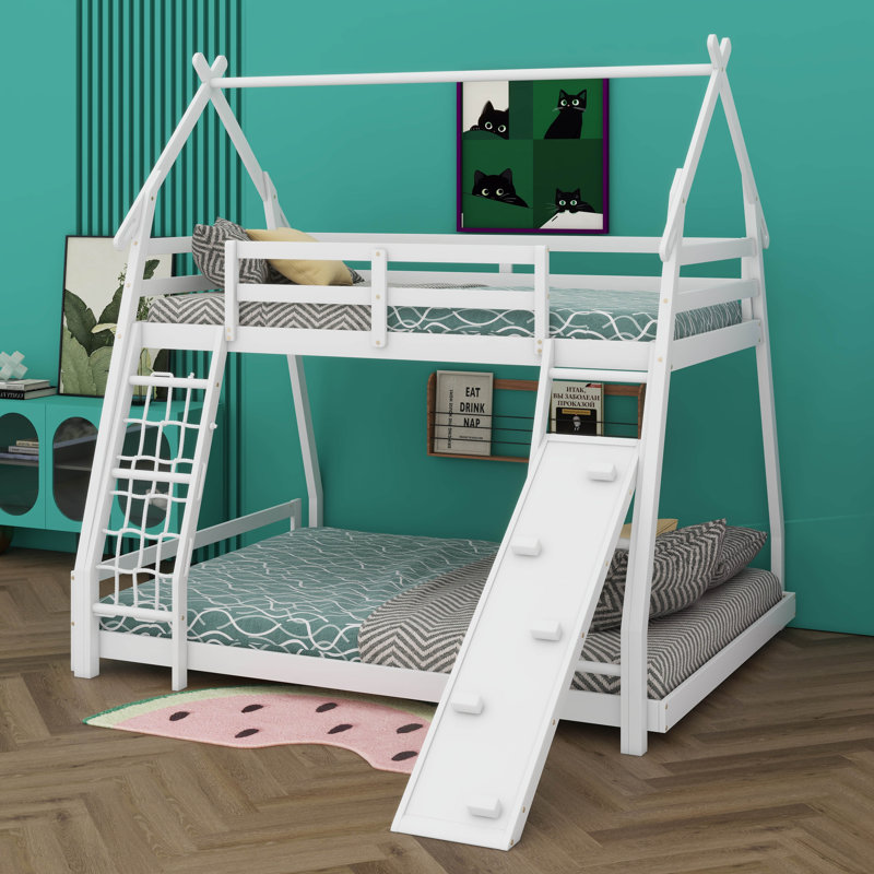 Twin over Queen House Bunk Bed with Climbing Nets and Climbing Ramp, White