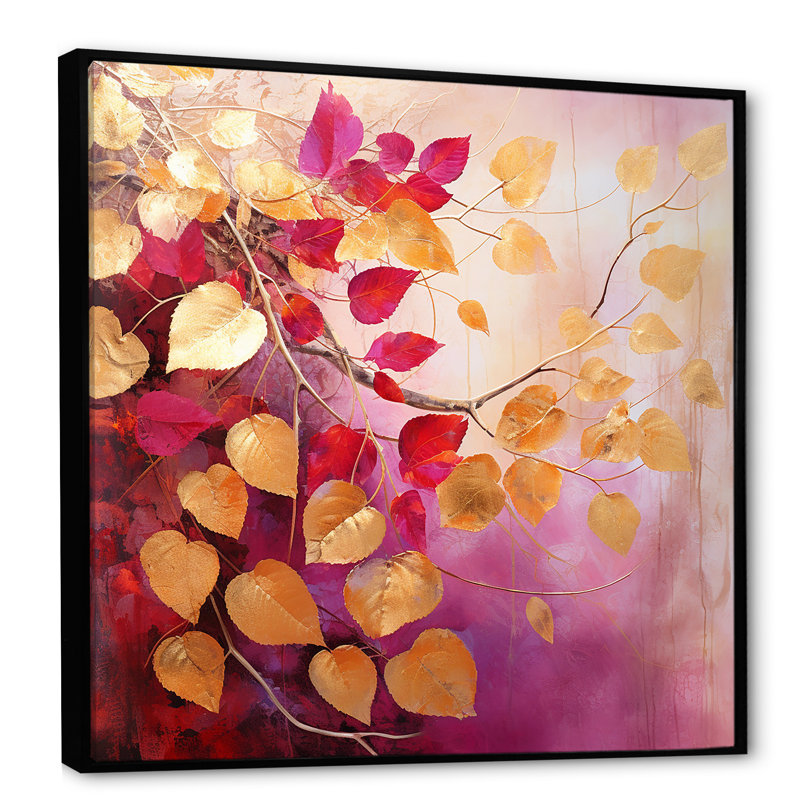 Feuilles dorées et roses, charme artistique I, Cadre flottant noir, H 24 po x l 24 po x P 1 po