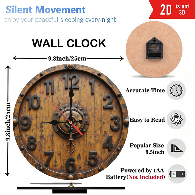 Horloge murale 10 po en MDF rond avec mouvement à quartz silencieux et crochet sans perceuse (piles AA non incluses)