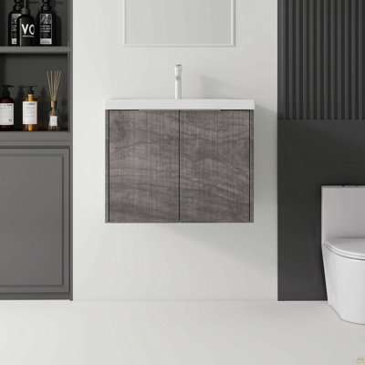 Meuble-lavabo flottant 24 po avec lavabo, porte à fermeture en douceur, évier en céramique, contreplaqué, gris
