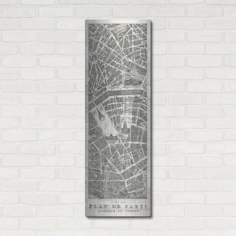Art mural luxueux en métal «Plan de Paris sur bois» par Wild Apple, 16 po x 48 po