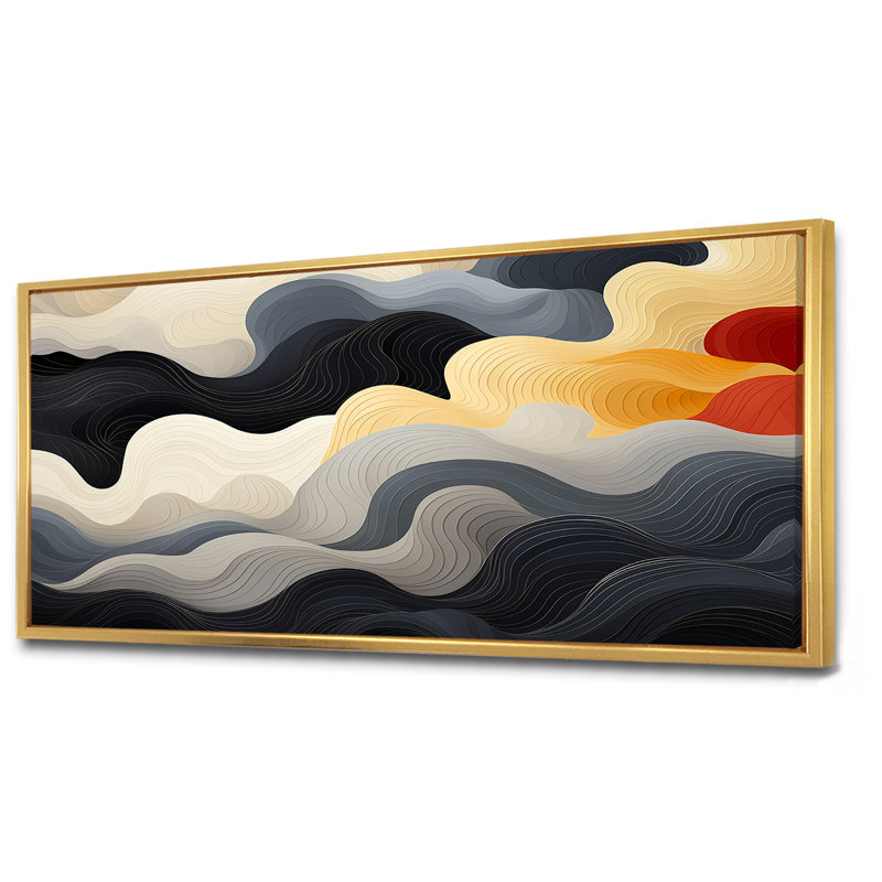 Orage solaire noir et orange - reproduction d'art abstrait mural, Cadre flottant doré, H 28 po x l 60 po x P 1,5 po