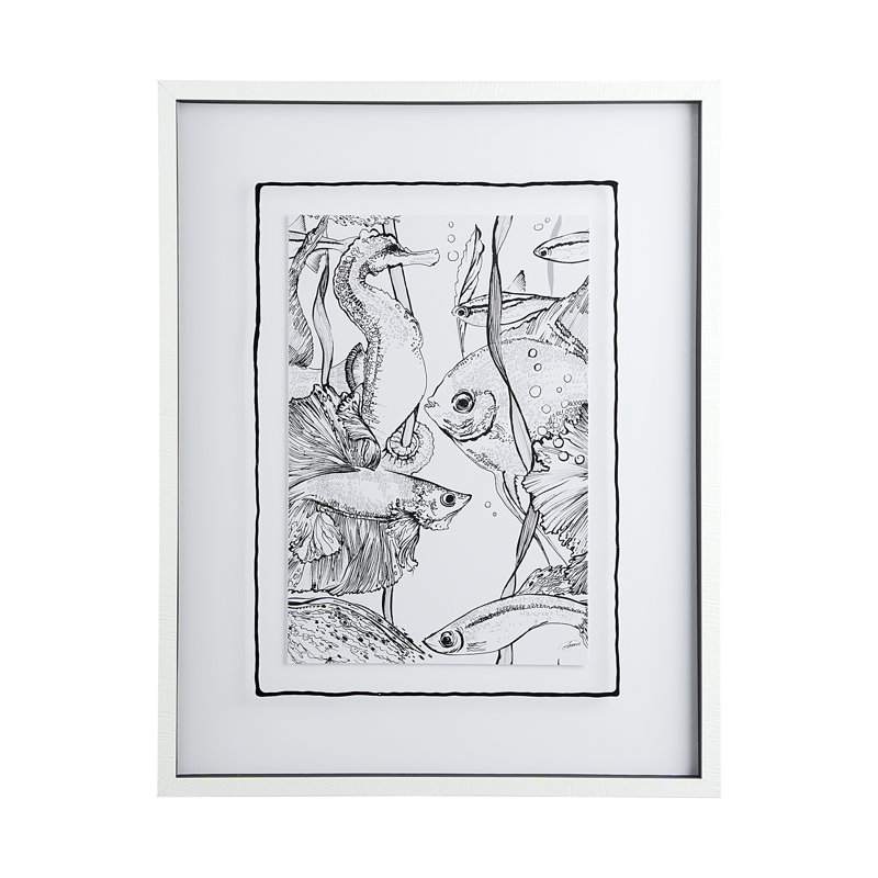 Poisson blanc imprimé à la main encadré texturé mat sous verre, Fish White