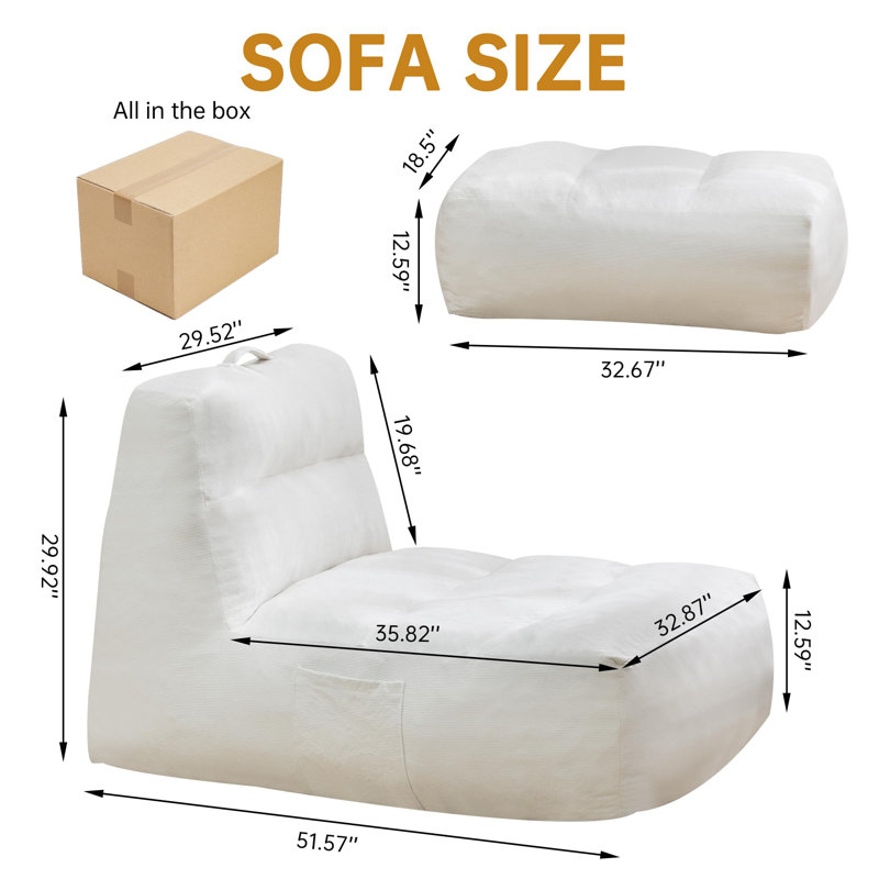 Premium Memory Foam Bean Bag Sofa with Ottoman, White