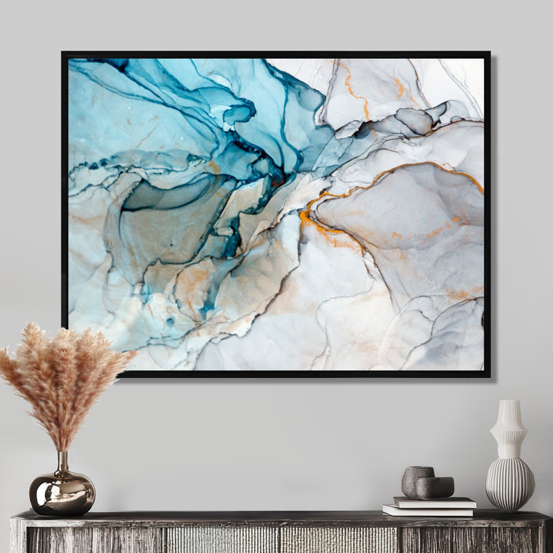 Luxry Blue and Grey Marble Art Ripples - impression sur toile, Reproduction avec cadre flottant, H 24 po x l 32 po, Noir