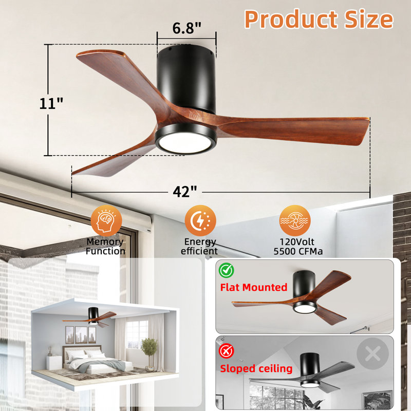Ventilateur de plafond encastré en bois massif à 3 pales de 42 po avec lumière DEL et télécommande, Noir, Brun