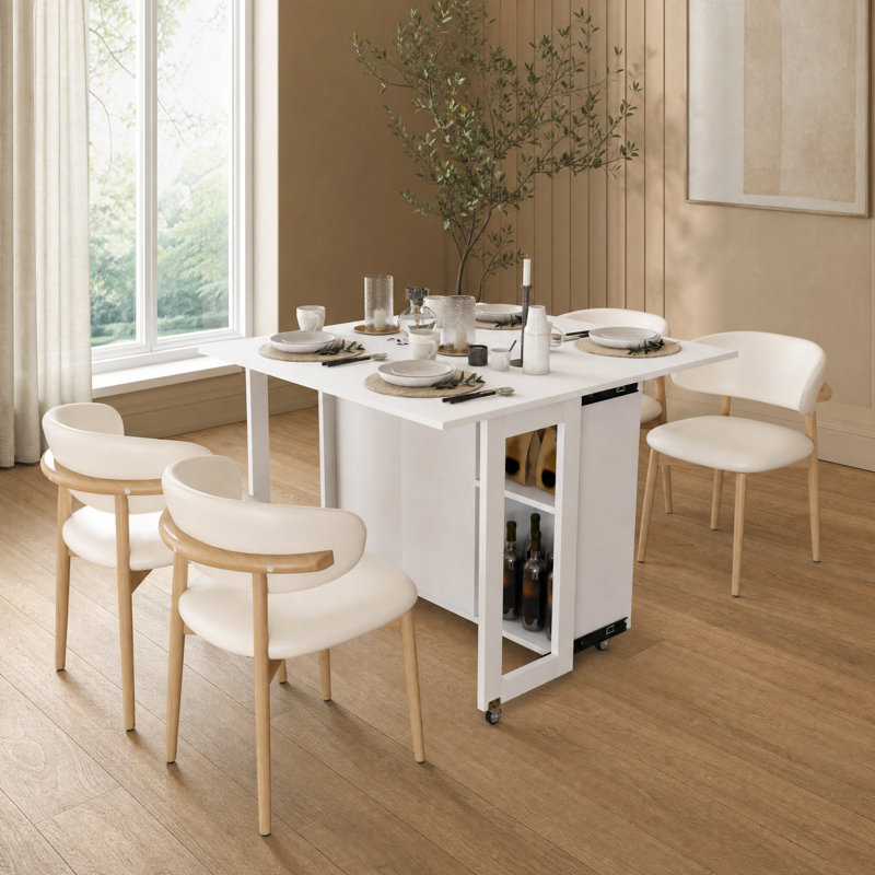 Table de salle à manger pliante 3 en 1 avec étagères de rangement et roulettes, Blanc