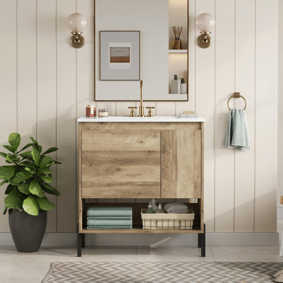 Meuble-lavabo moderne en bois avec tiroir coulissant, lavabo en céramique et tablette ouverte pour un rangement efficace et une conception élégante