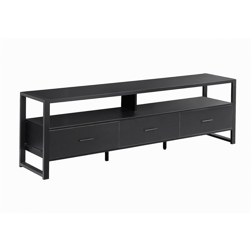 Meuble télé, 72 po, meuble multimédia, tiroirs de rangement, grain de bois noir, métal noir