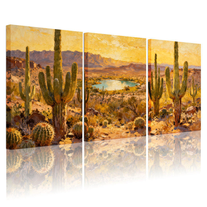 Cactus, paysage désertique avec cactus et lac, ensemble de 3 impressions sur toile, H 24 po x l 48 po