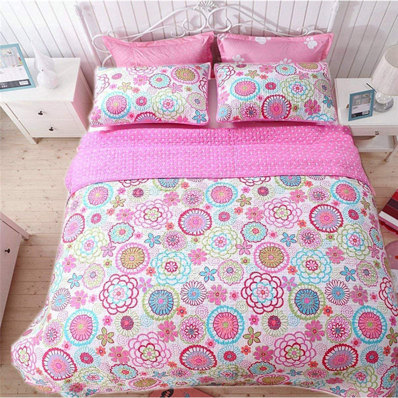  Pink/Turquoise/White Reversible Microfiber Modern & Contemporary Quilt Set, King Quilt + 2 Shams