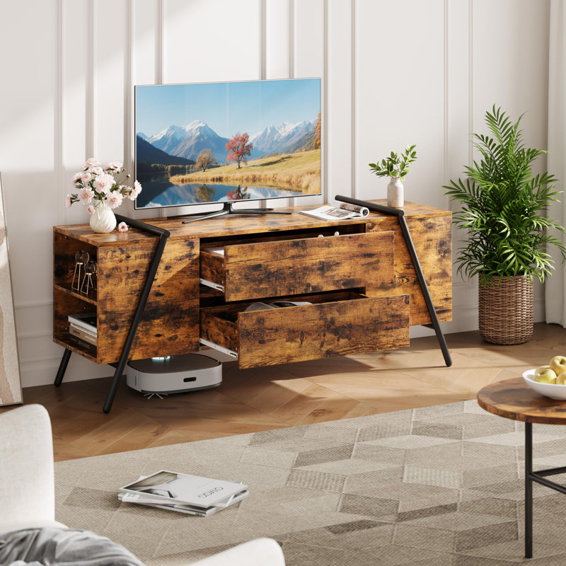 Modern TV Stand for Living Room, Wood Entertainment Center with 2 Drawers, Side Open Shelves & U-Shaped Metal Base, 55inch