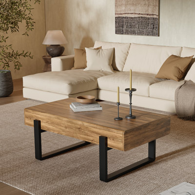 Rustic 46" Rectangular Farmhouse Coffee Table with 2 Drawers, Solid Ironwood Top, Industrial Black Sled Base for Stylish & Functional Living Room