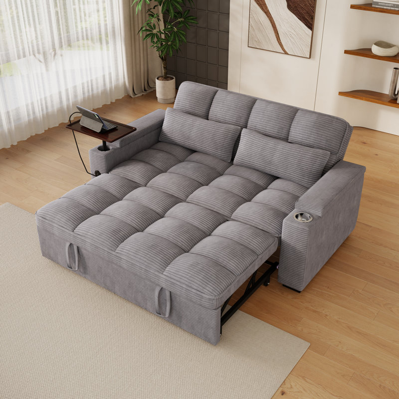 65" 3-in-1 Convertible Sofa Bed with Pull-Out Sleeper & Swivel Side Table, Modern Corduroy Upholstered Couch for Living Room, Gray