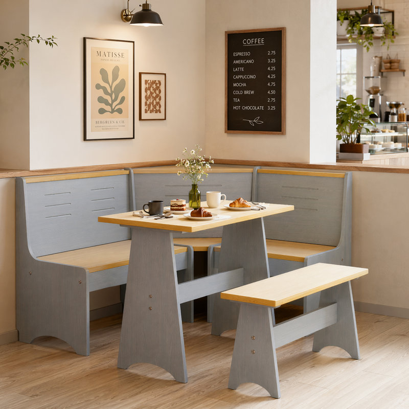 Ensemble de salle à manger en coin en bois de pin massif 3 pièces avec banc en L Berna, Naturel / gris