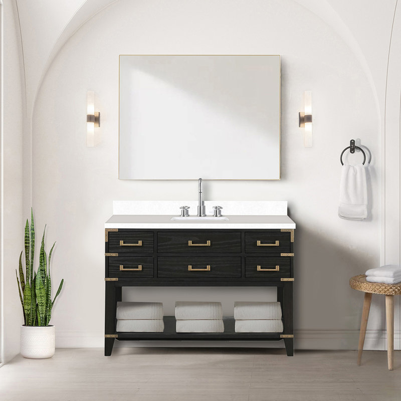 Meuble-lavabo double en chêne noir P 22 po avec comptoir en quartz blanc, H 34,12 po x l 22 po x P 36 po