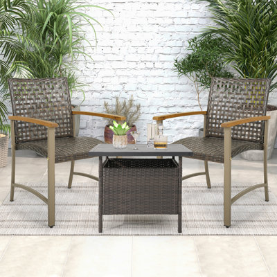 Outdoor Rattan Chair Set Of 4 Patio Pe Wicker Dining Chairs W/ Acacia Wood Armrests Balcony Poolside