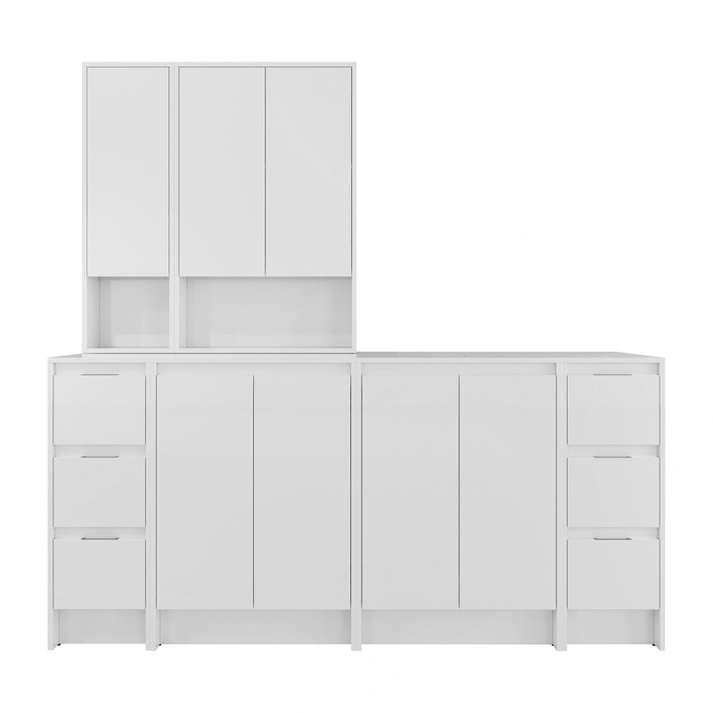 Ensemble de meuble-lavabo autoportant 72 po, 4 armoires de rangement et 2 armoires murales, portes et tiroirs à fermeture en douceur, blanc brillant, contreplaqué