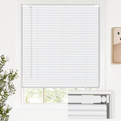 Stores vénitiens sans fil en aluminium, sans outils ni perçage, occultants à 100 %, forme incurvée en S, pour fenêtres et rideaux horizontaux, 79 cm (L) x 122 cm (H), blanc