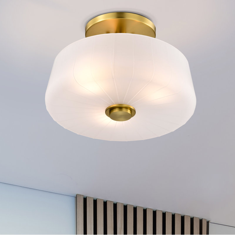 Burov - 3 Light Semi-Flush - Etched White Glass, Vintage Brass