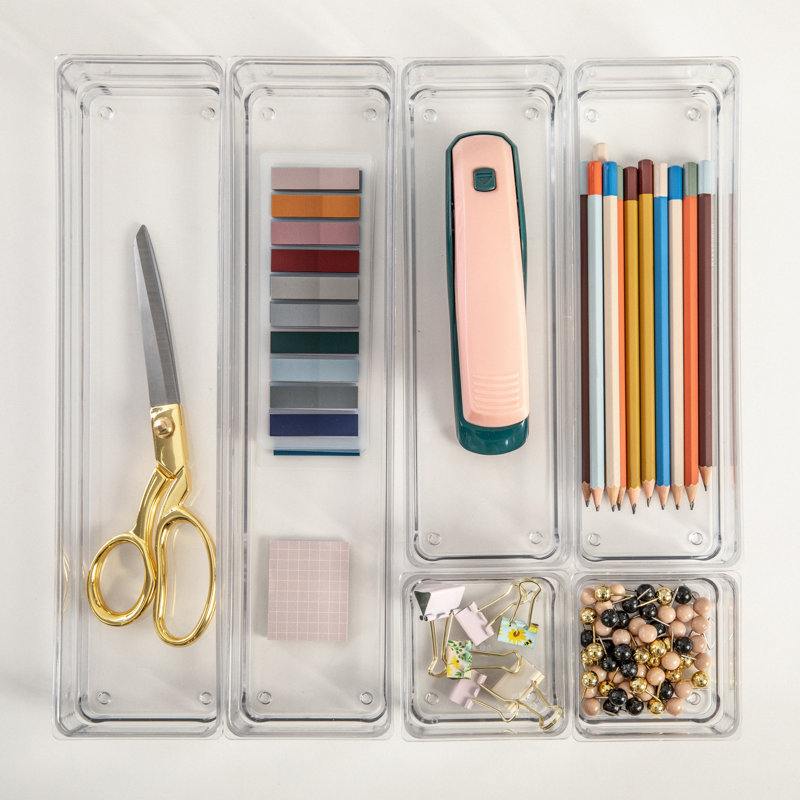 Martha Stewart Clear Plastic Stackable Desk Drawer Organizers, Set of 6