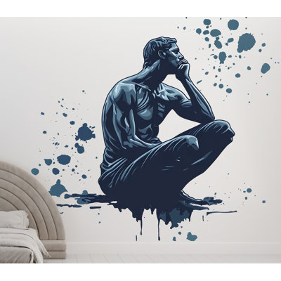 Thinker Wall Decal, Thinking Man Wall Sticker, Abstract Statue Wall Art, Philosophy Office Decor, Modern Blue Bedroom Study Wall Decor 408GM