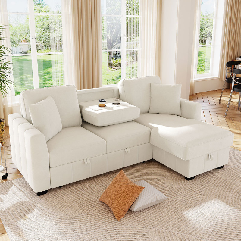 Multifunctional Modern Sofas, 90" L-shaped Sleeper With Storage And Wood Frame For Home