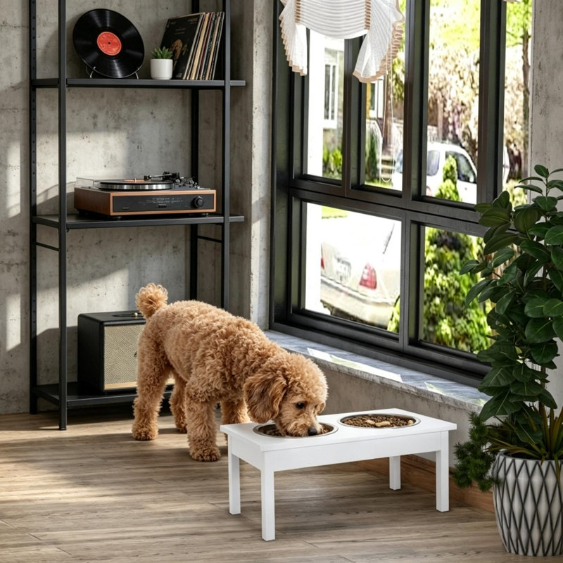 Ensemble de bols pour chien surélevés en acier inoxydable, acier et bois