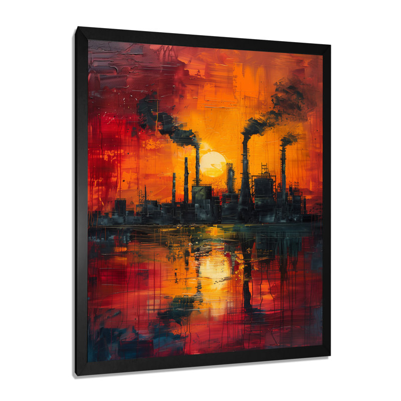Art industriel rouge «Polution I» - usines, Toile encadrée noire simple, H 32 po x l 24 po x P 1 po