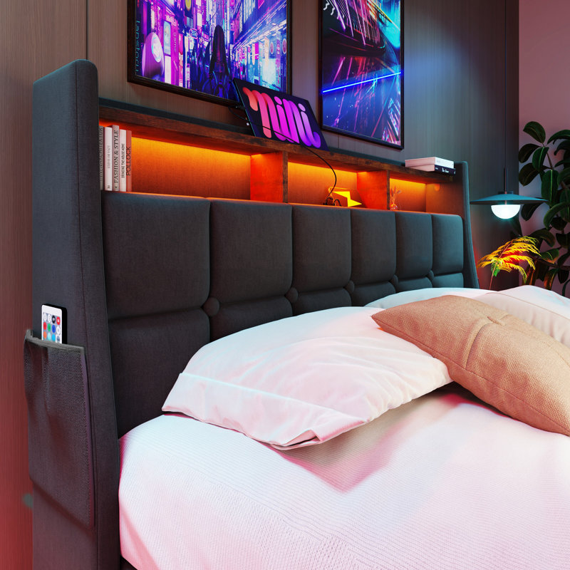 Upholstered Platform Bed With A Hydraulic Storage System, LED And USB Charging (Without Mattress), Queen, Gray