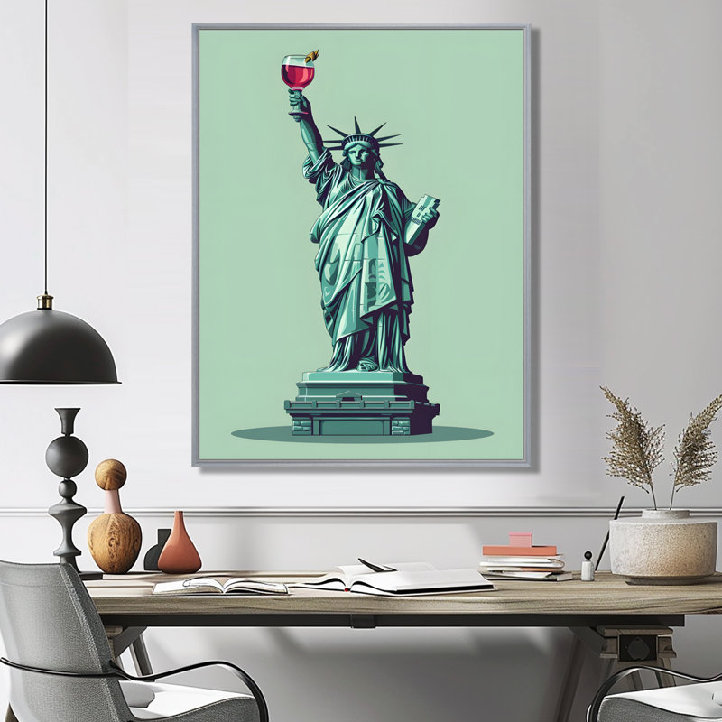 Statue de la Liberté avec vin - décoration murale City New York, Black Floater Framed, 20" H x 12" W