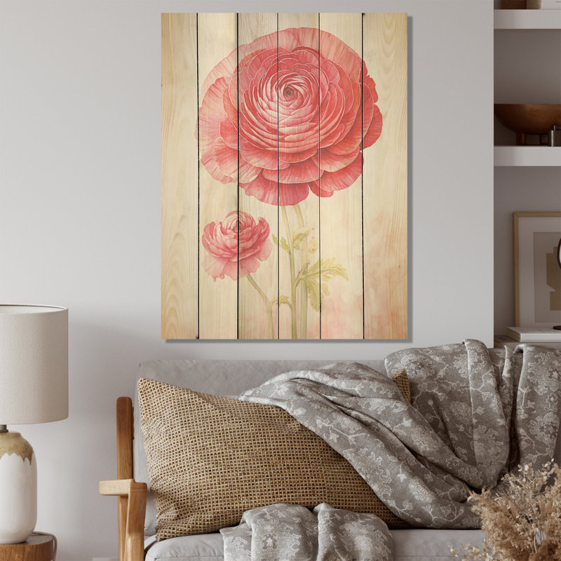 «Ranunculus Dreams I», art rétro sur bois de pin naturel, H 20 po x l 10 po