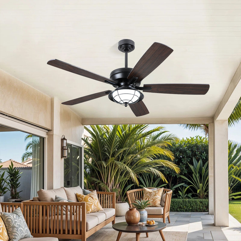 52 Inch Outdoor Ceiling Fan with Light - DC Motor Quiet Remote Control, Waterproof Wet Rated for Patio Porch Garden, Brown