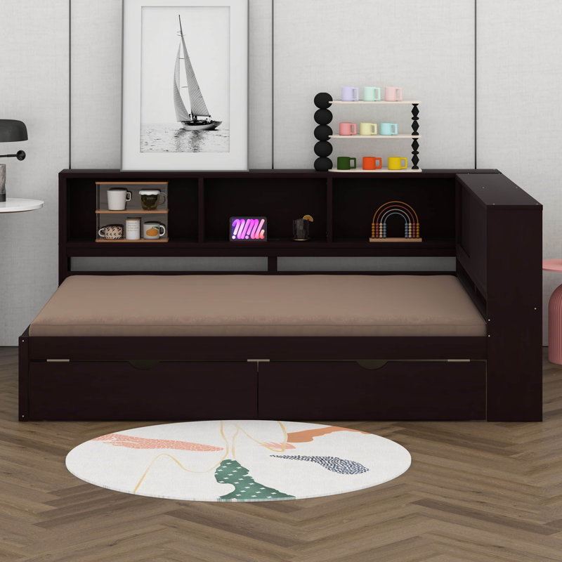 Grand lit de jour en bois avec tablettes de rangement, USB, DEL et 2 tiroirs, Brun