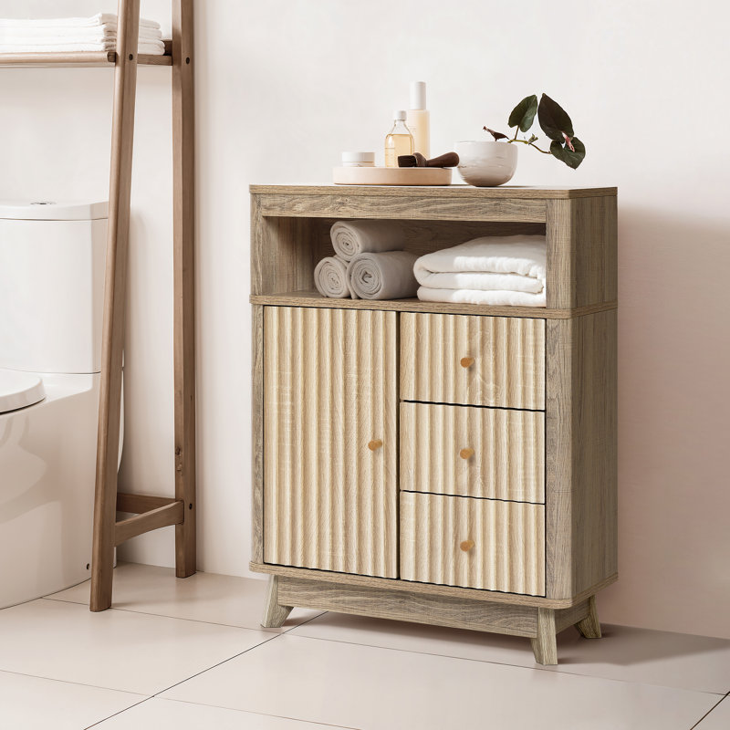 Natural Finish Wave-Patterned Manufactured Wood 3-Drawer 1-Door Bathroom Storage Cabinet