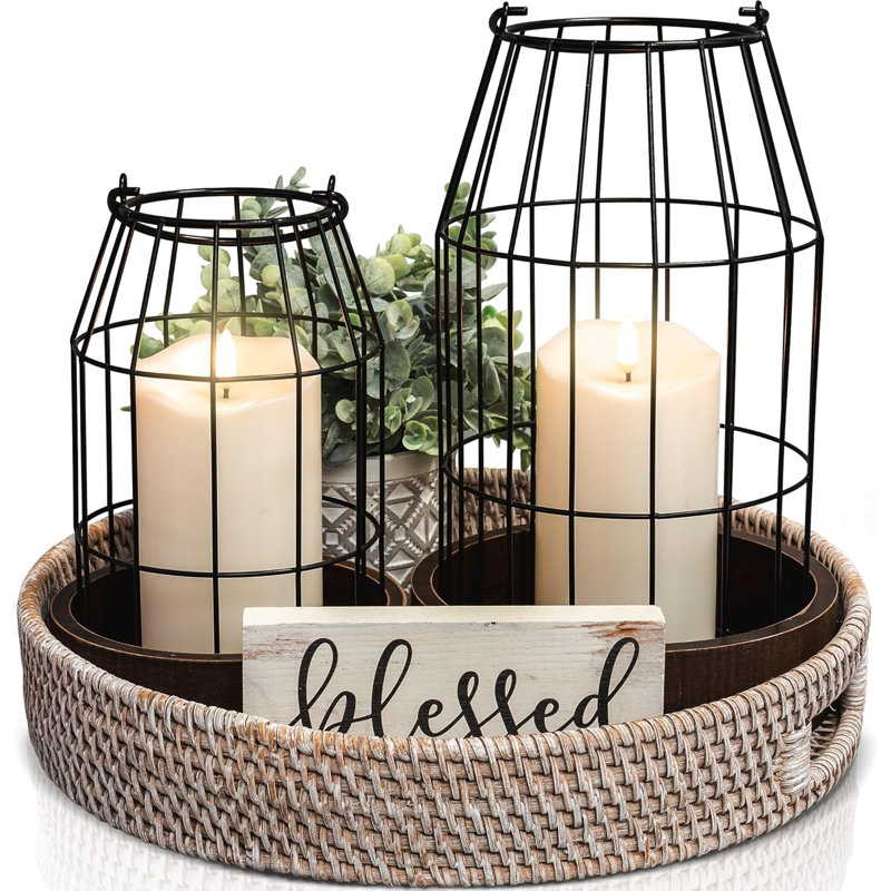 Rustic Farmhouse Lantern Decor Set Of 2 - Stylish Decorative Lanterns For Your Living Room, Fireplace Mantle Or Kitchen Dining Table - Modern Indoor/Outdoor Coffee Table Decor For Your Entire Home