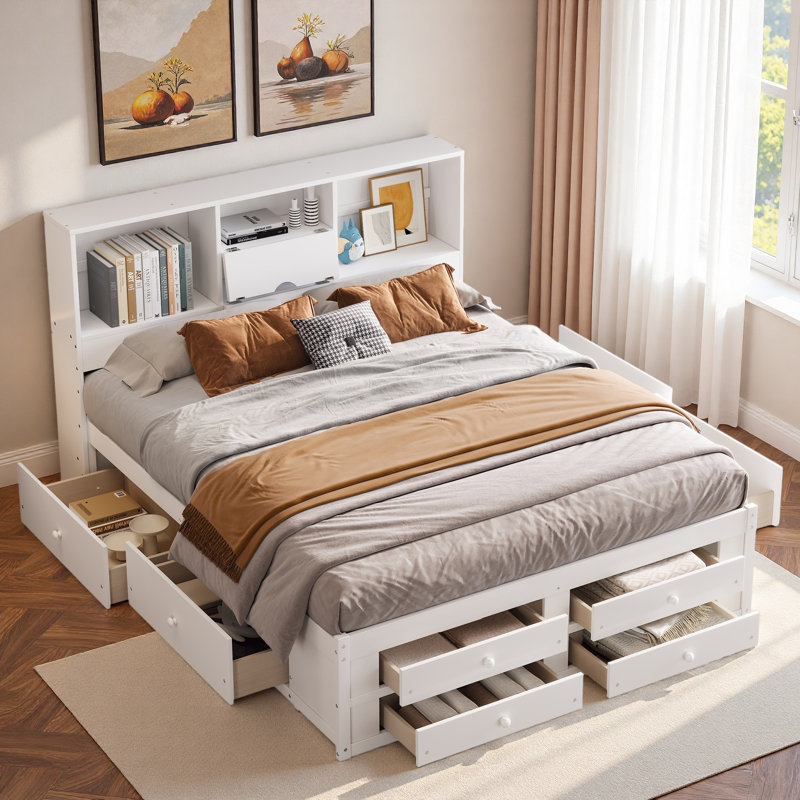 Lit plateforme avec tête de lit avec rangement et 8 tiroirs, Blanc, Très grand lit