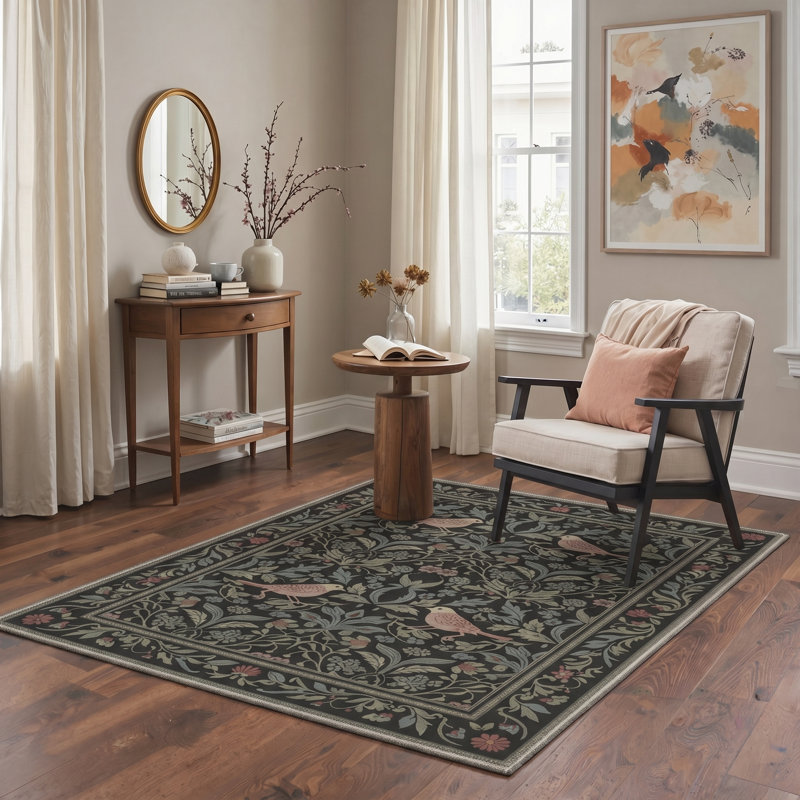 Tapis vert / noir à motif floral lavable à la machine Allendale Auraflora, Rectangle 84 po x 60 po