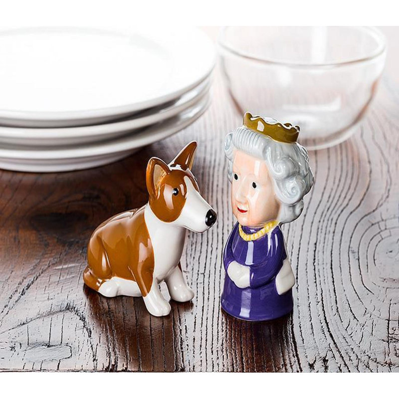 Regal Queen and Corgi Ceramic Salt and Pepper Shaker Set