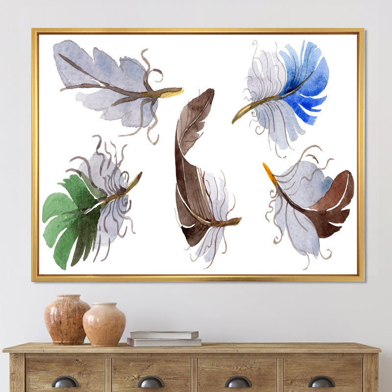 Ensemble de plumes colorées Boho IV - peinture sur toile, H 30 po x l 40 po x 1,5 po, Encadrement doré