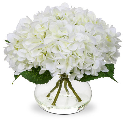 Lifelike Silk Hydrangea Arrangement With Glass Vase And Faux Water