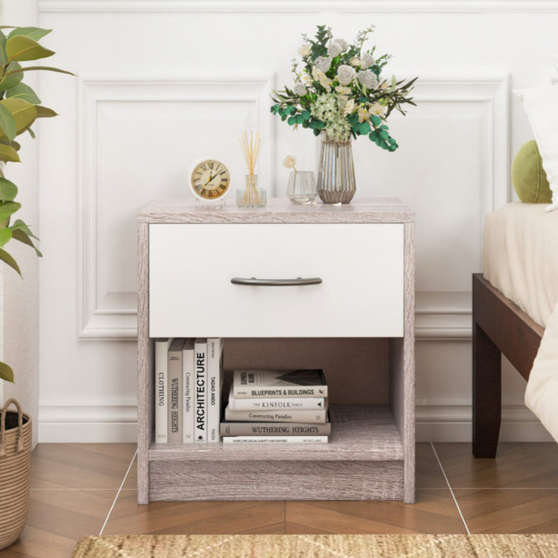 Table de chevet avec tiroir et tablette de rangement ouverte, Blanc / gris clair