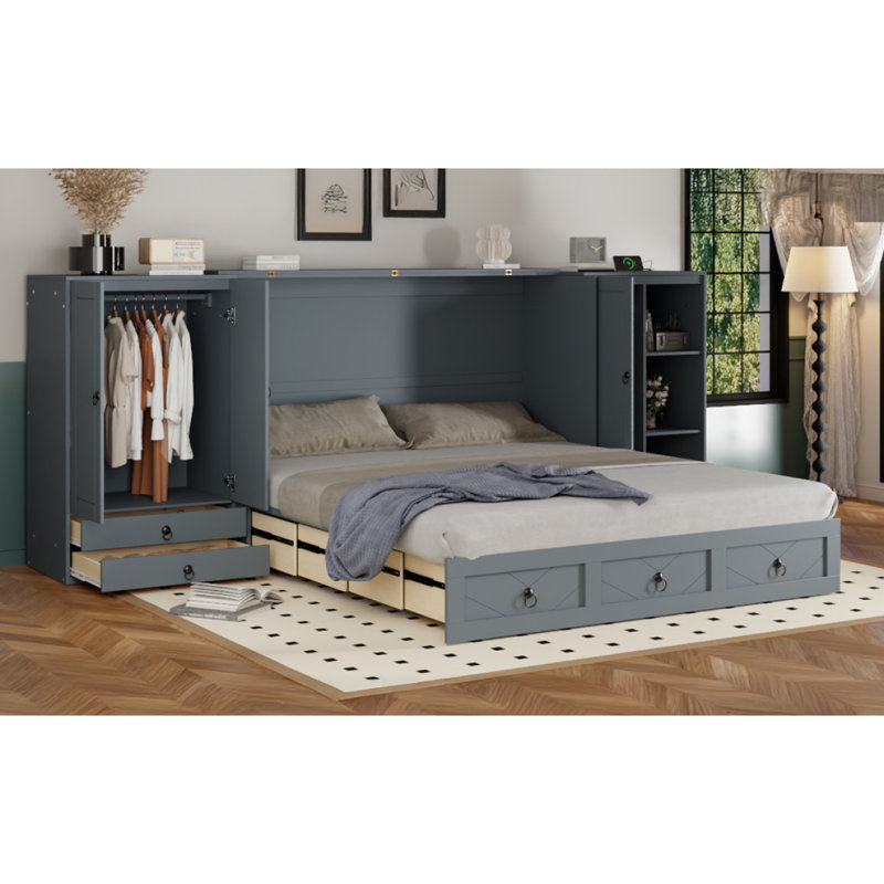 Grand lit escamotable avec port USB, petites armoires et tiroirs, gris, Gris