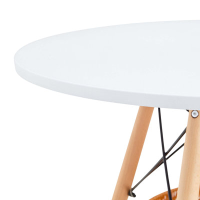 31.5-inch diameter circular dining table, white MDF vacuum formed tabletop, solid wood legs, with suspended woven storage basket structure. A casual coffee table suitable for 2-4 people.