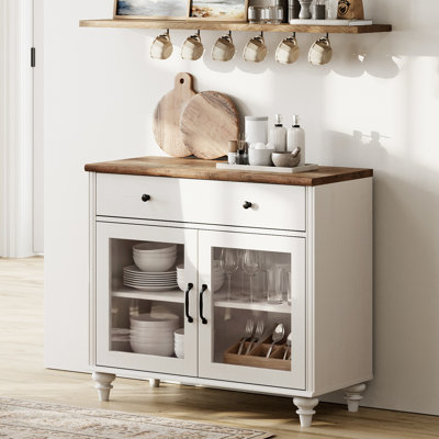 Buffet Corretta avec portes vitrées, meuble de rangement de cuisine, table basse en bois avec rangement, buffet/crédence de style ferme moderne pour salle à manger ou salon, gris délavé, 86 cm (34 pouces).
