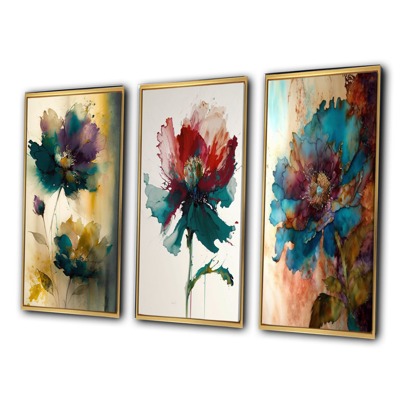 «Delicate Blossoming Pansy Flower Retro», 3 pièces, H 28 po x l 36 po, Cadre flottant doré