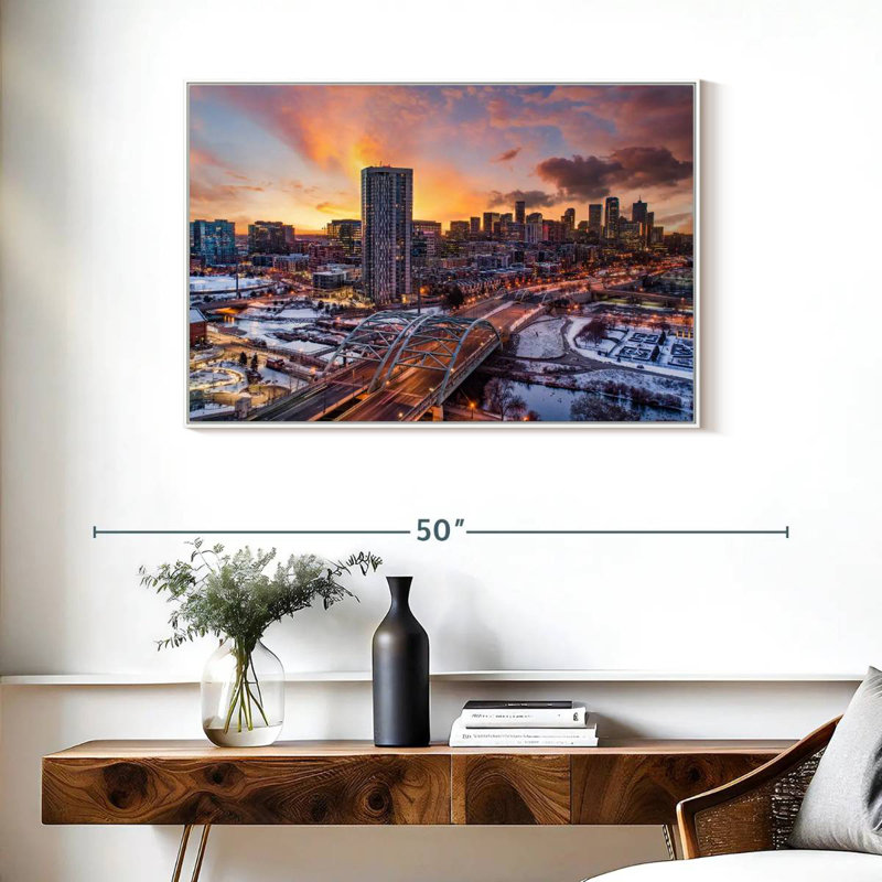 Coucher de soleil d'hiver à Denver, Cadre flottant blanc, 37 po x 25 po