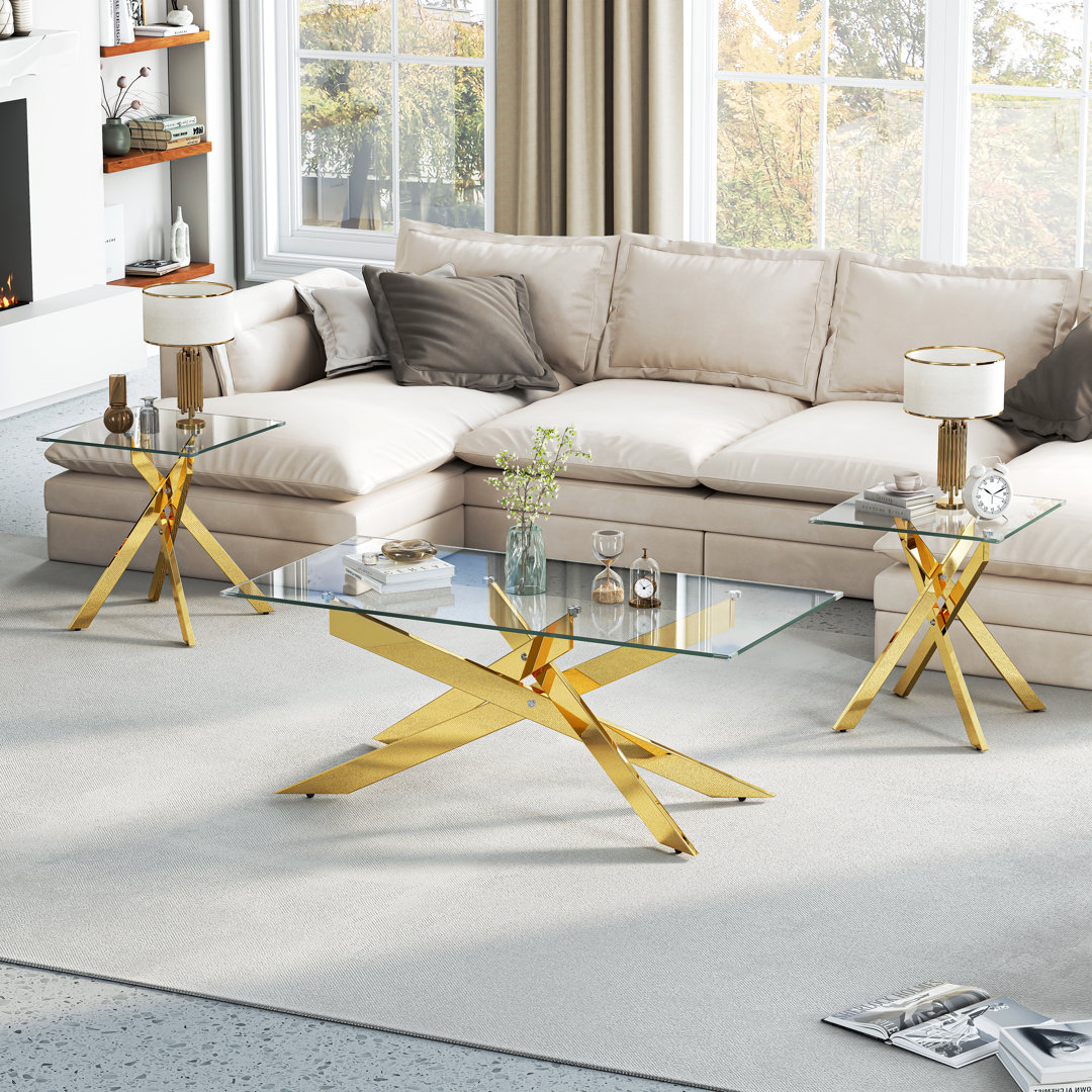 3 - Piece Living Room Table Set With Glass Top And Metal Base (Set Of 3) Westco Furniture Table Base 